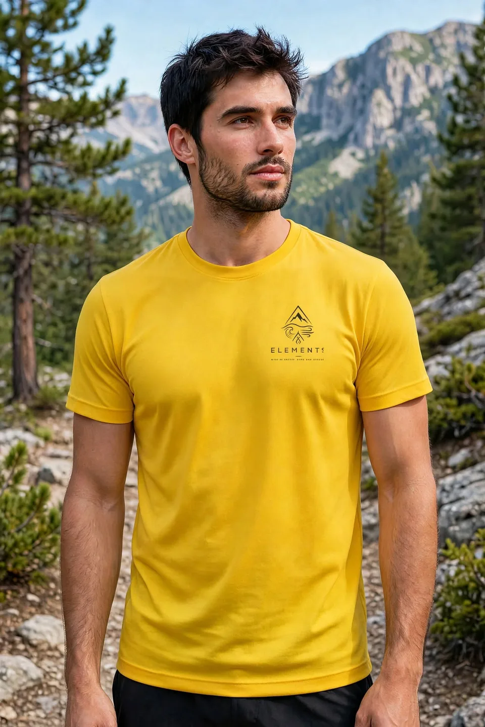 yellow active mens wear with elements logo front and back